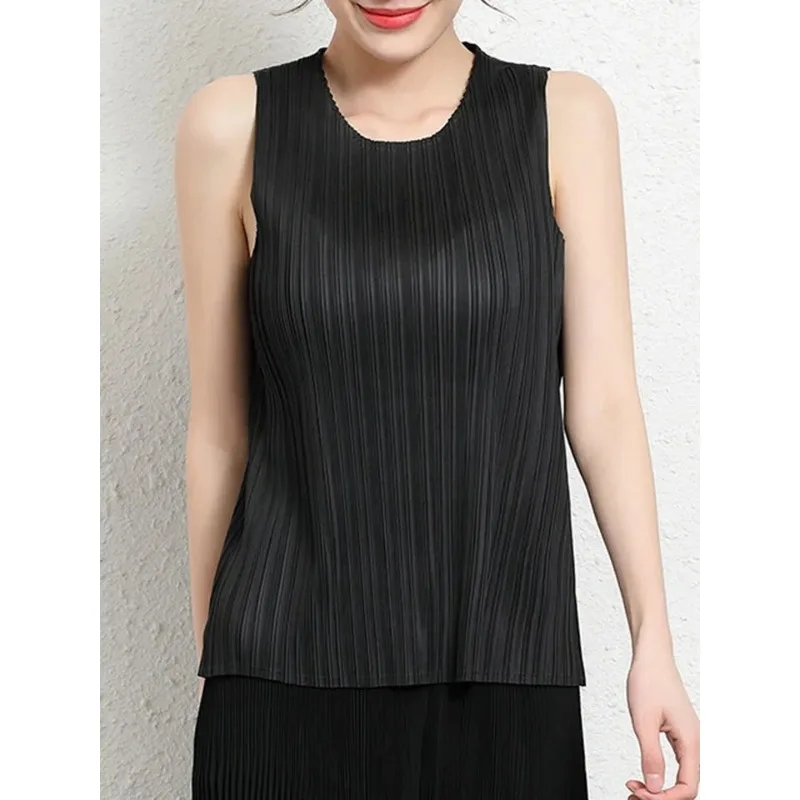 

Модная элегантная Однотонная футболка ALSEY, Женская плиссированная уличная одежда миаке без рукавов, эластичные топы, одежда для клуба