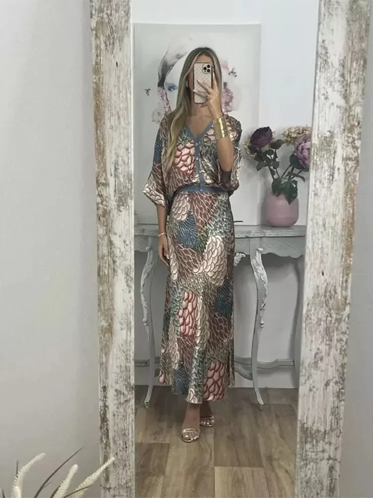 Fashion Bohe Print Stain Shirt Skirt Set Women Verano Moda V Neck Half Sleeve Blouse Half Dress Suit Elegant Ladies Vestidos