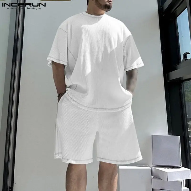 

2023 Men Sets Solid Color Korean Style O-neck Short Sleeve T Shirt & Shorts 2PCS Loose Streetwear Men Casual Suits S-5XL INCERUN