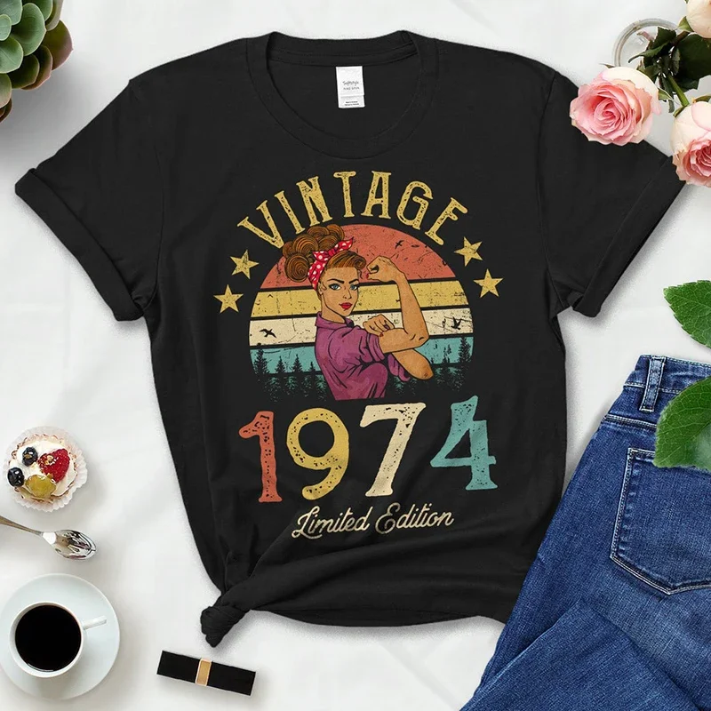 

Vintage 1974 Limited Edition Black Cotton T Shirts Women Retro Summer Fashion 50th 50 Years Old Birthday Party Tshirt Ladies Top