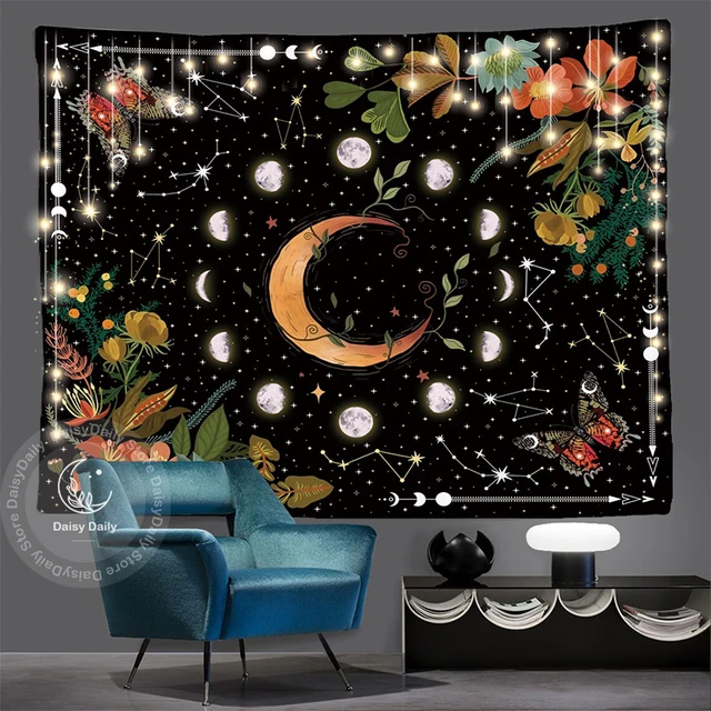 Virágos Kárpit Holdfázisú Botanikus Égi Csillagok Pillangó Éjszakai Kárpitok Fal Lógó Nappali Hálószoba Csillagszőnyeg - Image 2