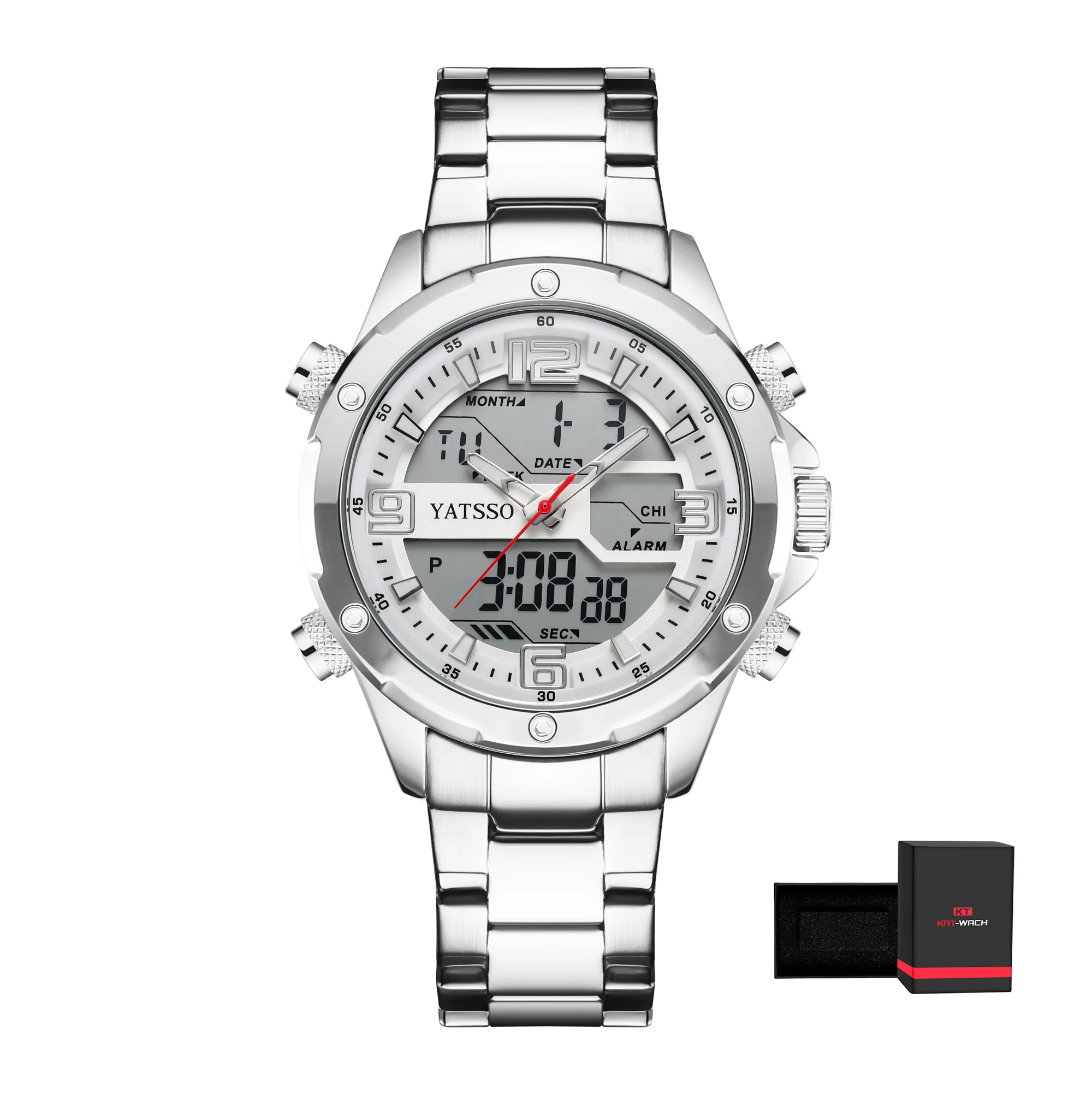 Men's Dual Movement Hybrid Watch - 45mm Alloy Case with Steel Band, Luminous Hands, Alarm, Date Display, and 5ATM Water Resistance