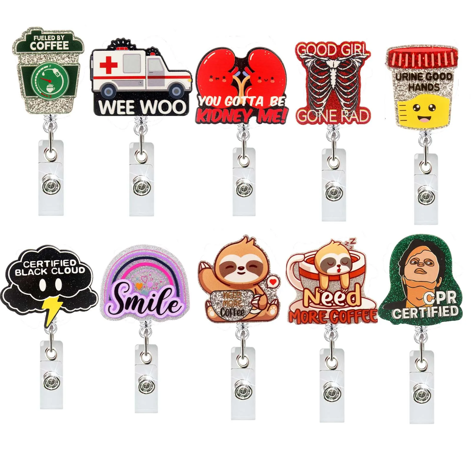 Cute Glitter Acrylic Ambulance Sloth Badge Reel Retractable ID Badge Holder  With 360 Rotating Alligator Clip Nurse Name Holder