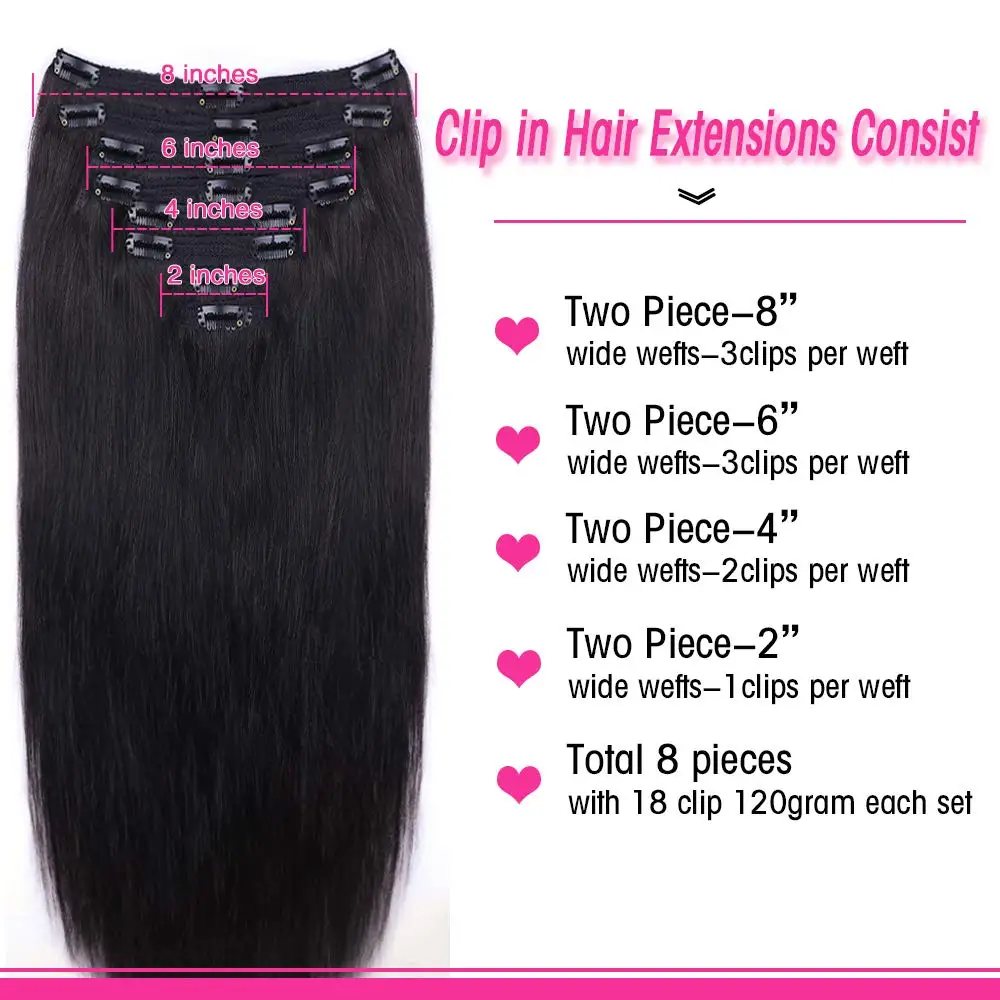 Straight Clip In Human Hair Clip in Hair Extensions for Black Women 100% Human Hair Set  Virgin Hair Natural Black Color