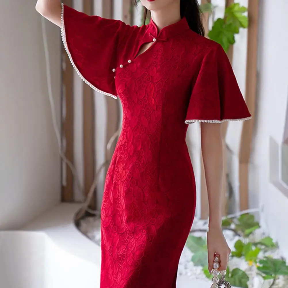 

Red Lace Cheongsam Women Elegant Slim Retro Dress Stand Collar 3/4 Sleeve Jacquard Lace Qipao Chinese Style Evening Wedding Dres