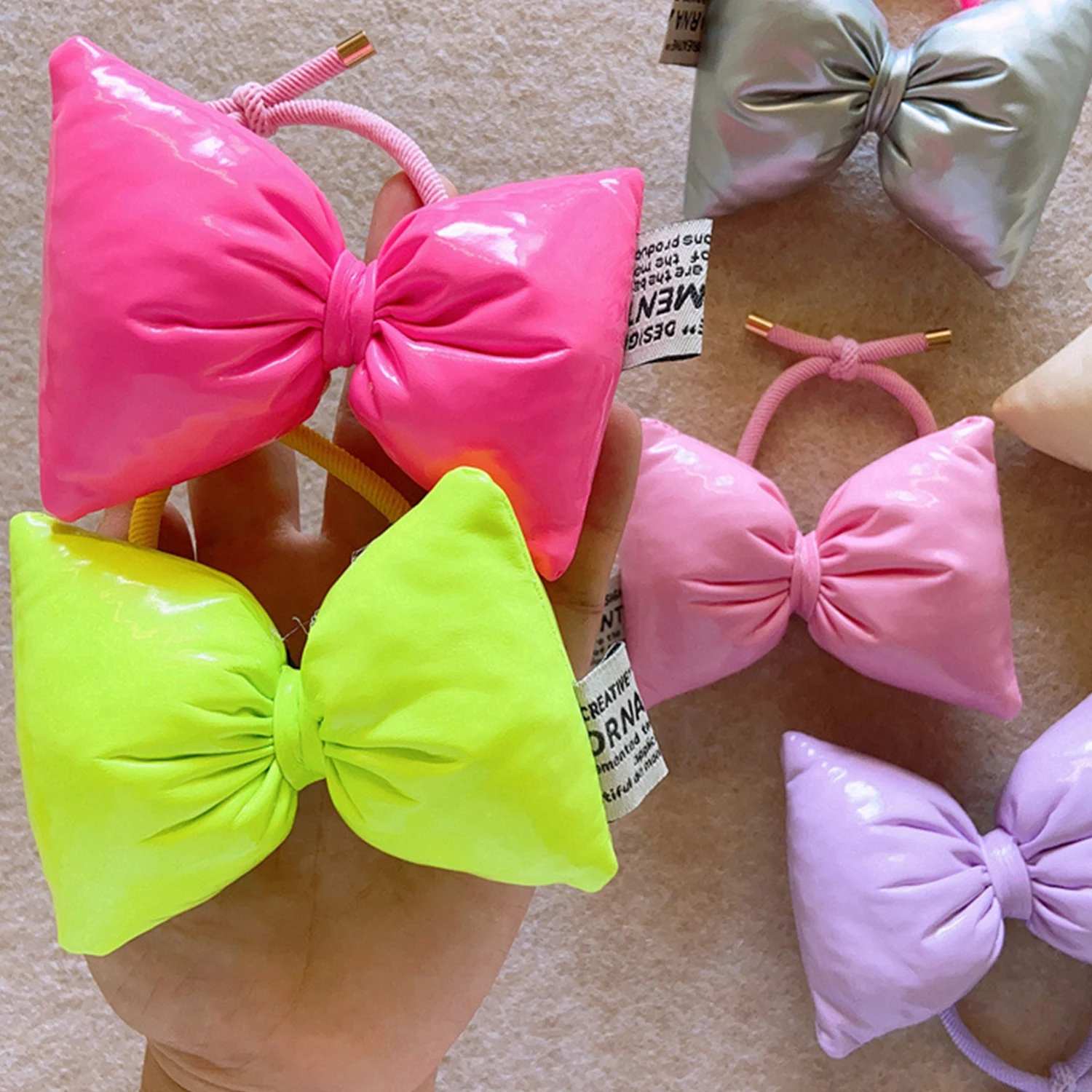 

High Ponytail Sweet Large Pu Leather Pillow Bow Hair Tie Women Elastic Hair Band Accessories Girls Head Band Rubber
