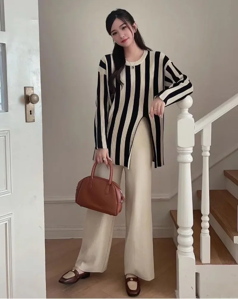 Striped Knitwear Fashion 2 Piece-Set For Women Contrast Long Sleeve Split Straight Trousers Outfits Women's Pants Sets