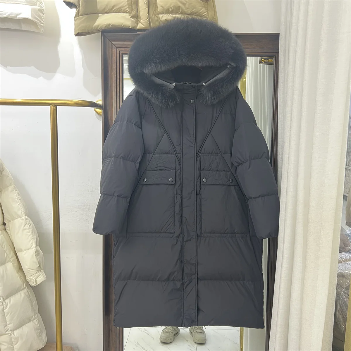 Mid-Length Over The Knee Hood Big Fur Collar White Duck Down Coat Female 2023 Winter New Thick Loose Puffer Jacket Women