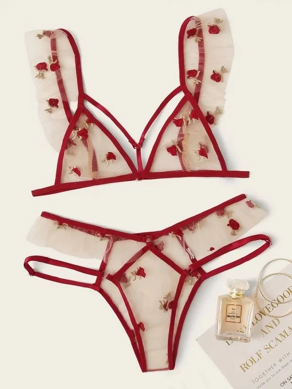

Cross-border products new European and American sexy underwear sexy see-through lace split bikini two-piece set ultra-thin