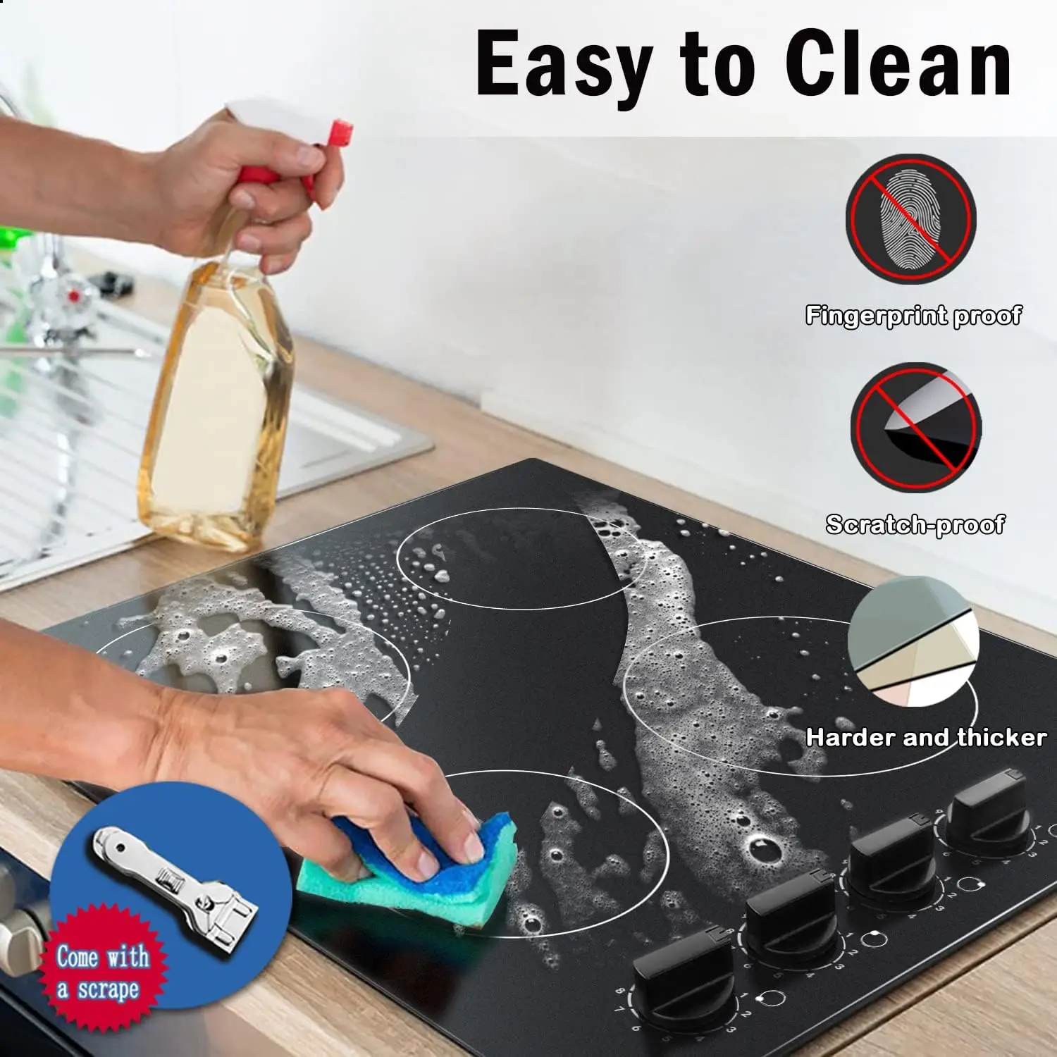 4 Burners Electric Cooktop 24 Inch Built-in 220-240v 6000W Knob Control Residual Heat Indicator
