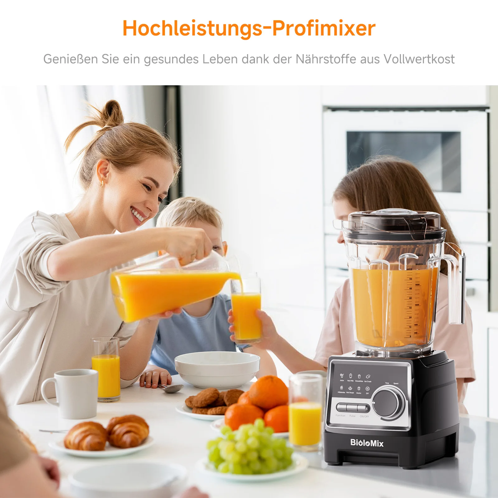 BioloMix 1500 W professioneller Mixer mit 2,6 l BPA-freiem Glas, 6 Klingen, 7 voreingestellte Programme für Smoothies, Shakes, Nussmilch – Detail 10