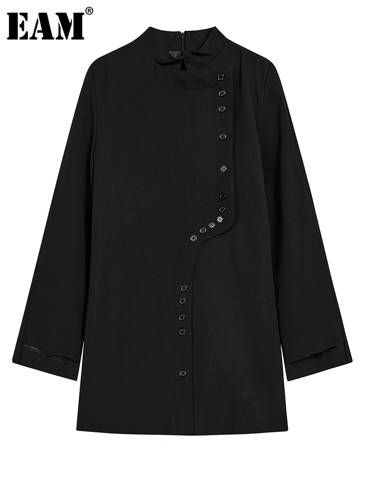 

[EAM] Женский Черный Асимметричный Длинный блейзер на пуговицах, новая свободная куртка с воротником-стойкой и длинными рукавами, модная демисезонная 2024 1DH2403