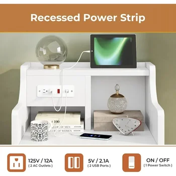 Nightstand with Charging Station, Night Stand with 3 Storage Drawers, Bedside Table with Hutch, Modern End Side Table for 6