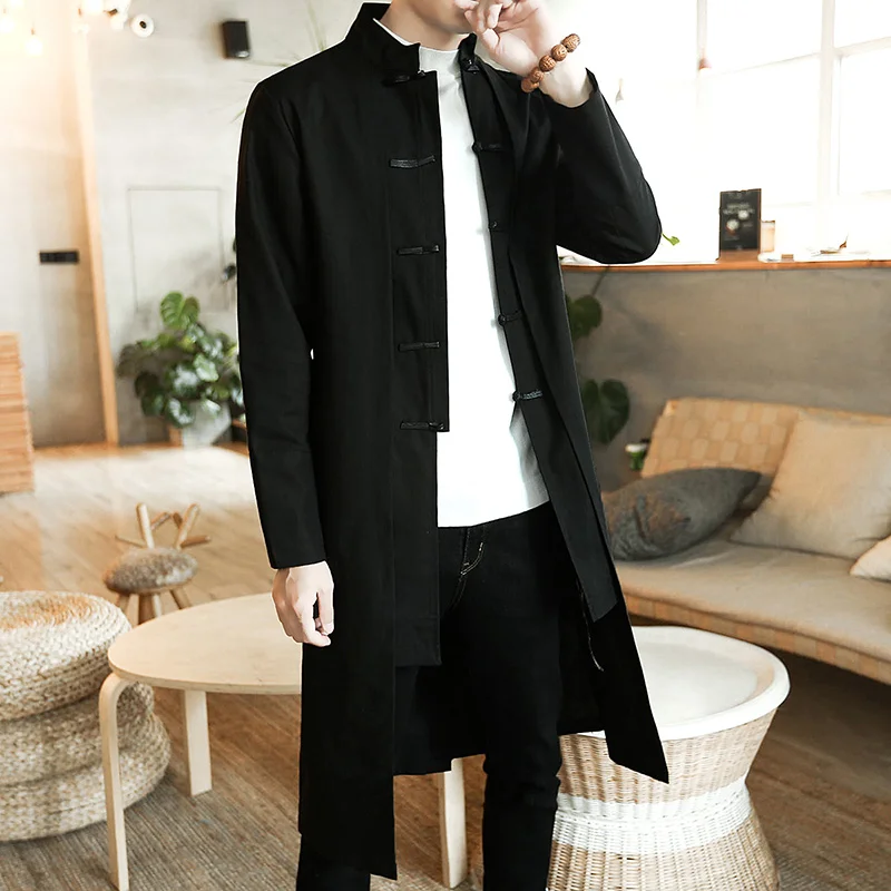 Trench Coat Men Fake two Pieces Cardigan Kimono Embroidered Long Chinese Style Black Loose Vintage Cotton Linen Jacket
