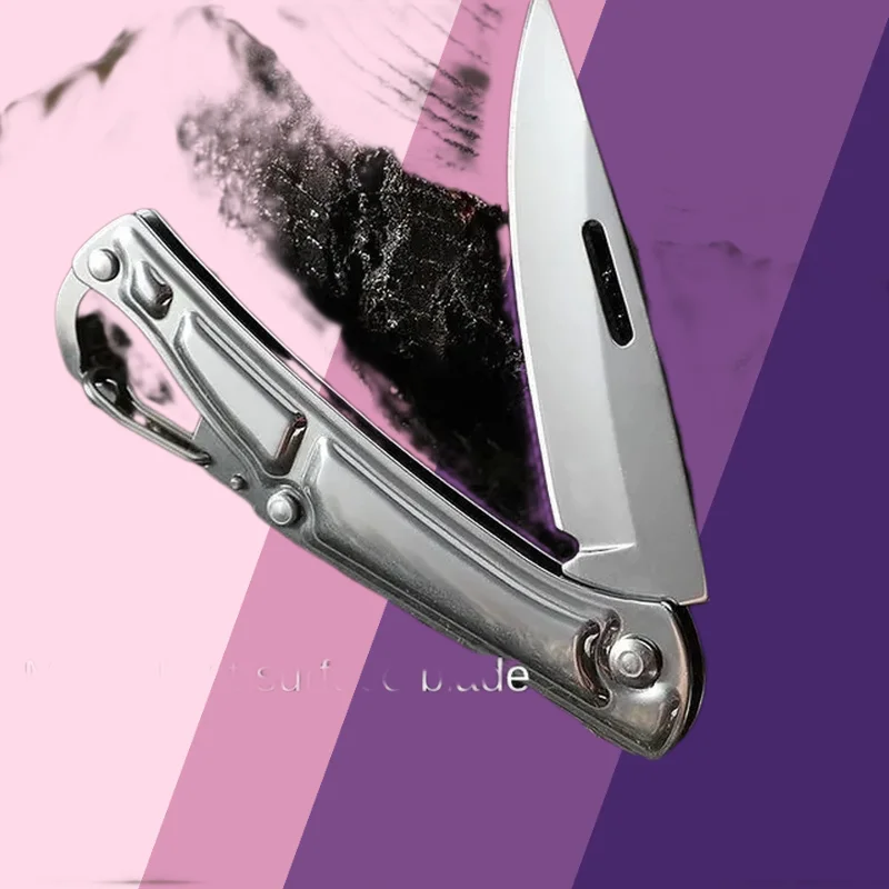 Pocket fruit cutter. Stainless steel. Non-slip grip. Folds for portability. Kitchen.