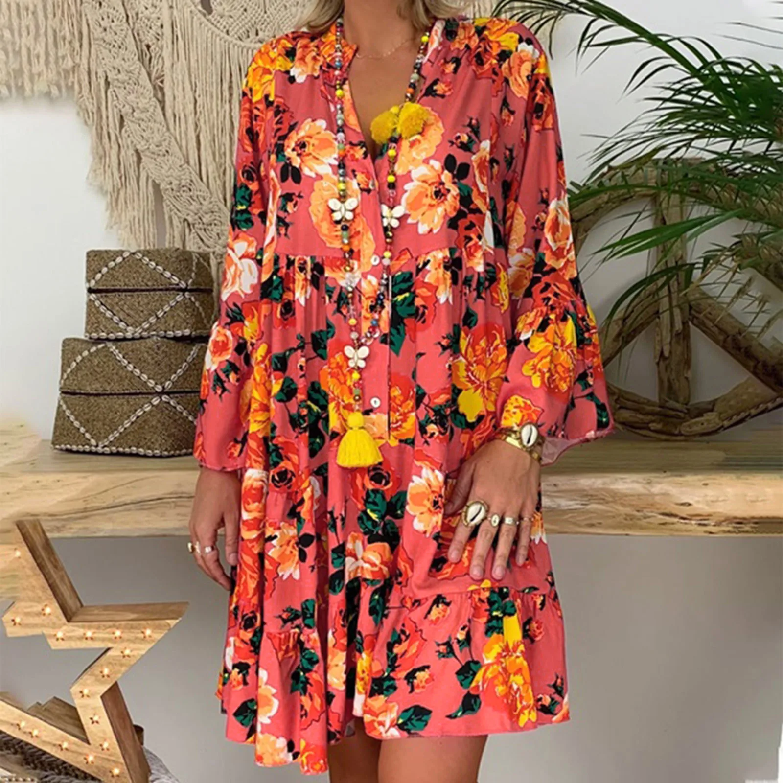 

Summer Boho Mini Shirt Dress Women Flora Print Long Sleeve V Neck Loose Button Casual Dresses Ladies Beach Party Dress Vestidos