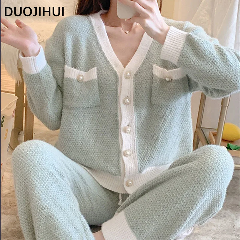 DUOJIHUI Two Piece Spell Color Casual Pajamas for Women Sexy V-neck Cardigan Basic Simple Pant Loose Fashion Female Pajamas Set