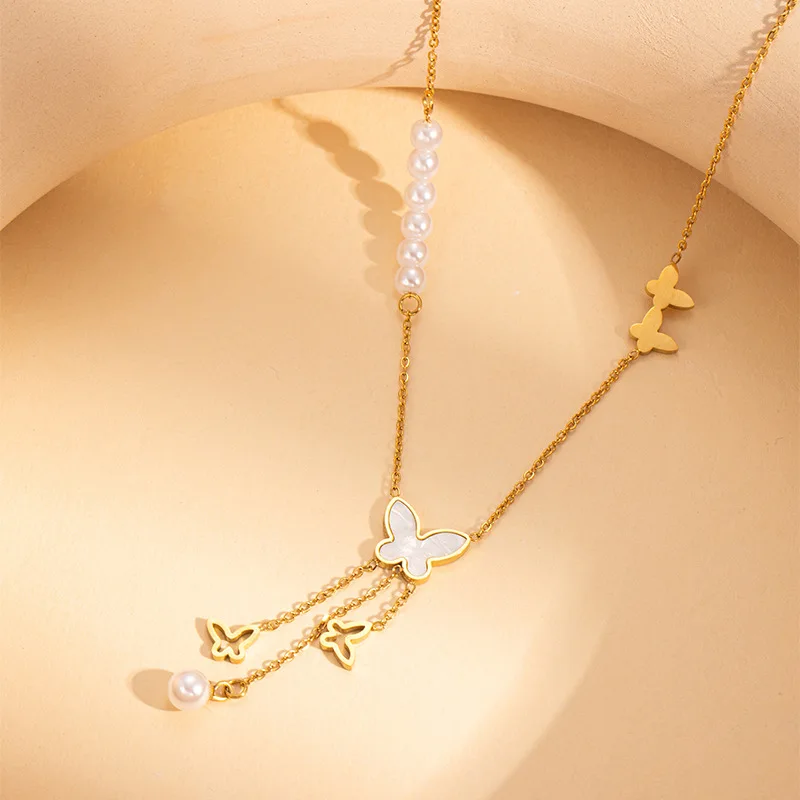 Chic Gold Plated Stainless Steel Shell Butterfly Necklace for Women Jewelry Accessories Wholesale 3