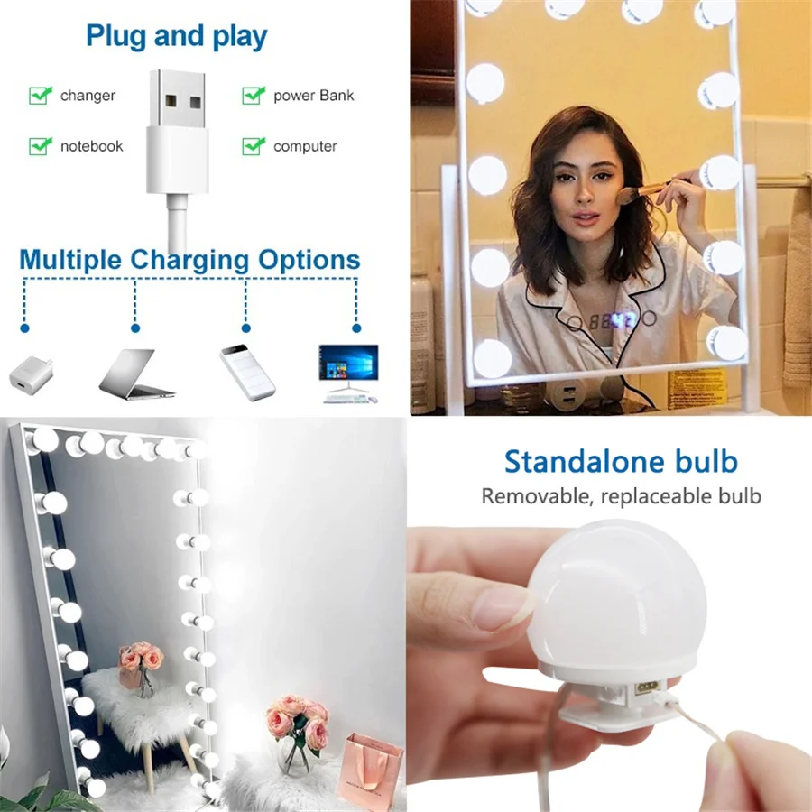 USB 12V LED Makeup Mirror Light 3 Colors Vanity Lights for Bathroom Dressing Table Dimmable Wall Lamps 8/10/12 Bulbs Fill Light