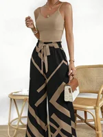 Ladies' Elegant Two-Piece Set: Solid Color Camisole and Printed Sash Wide-Leg Pants Set - Image 5