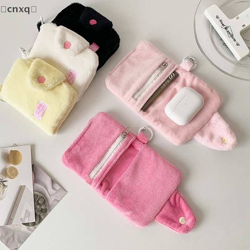 Simple Solid Color Plush Coin Purse Student ID Rice Card Portable Plush Wallet Double Fold Headphone Data Cable Storage Bag