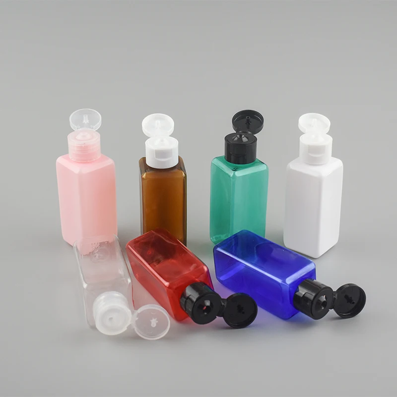 

50pc 50ml Liquid Soap Plastic Bottles 50cc Square multicolor PET Container Flip Top Cap Shampoo Bottle Small Sample Bottle