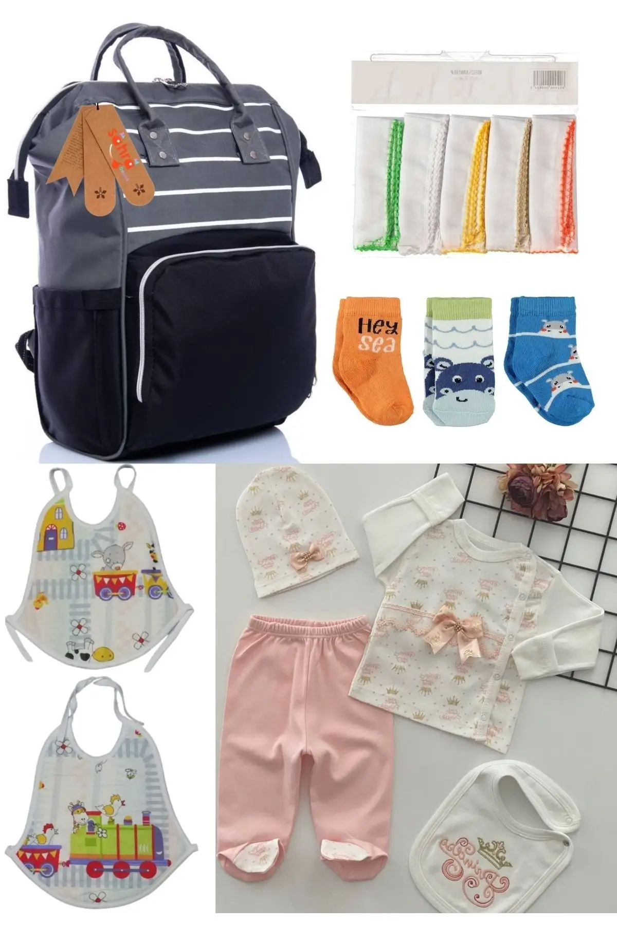 

6 Piece Birth Set (Baby Care Backpack, hospital Exit, 10-Hand Wipes, 3-Socks And 2-Piece Set) Gray