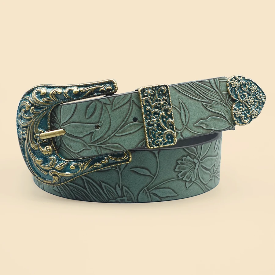Vintage women's belt carved in dark color with leaf print, versatile for a casual belt for autumn and winter, decor for daily commuting.