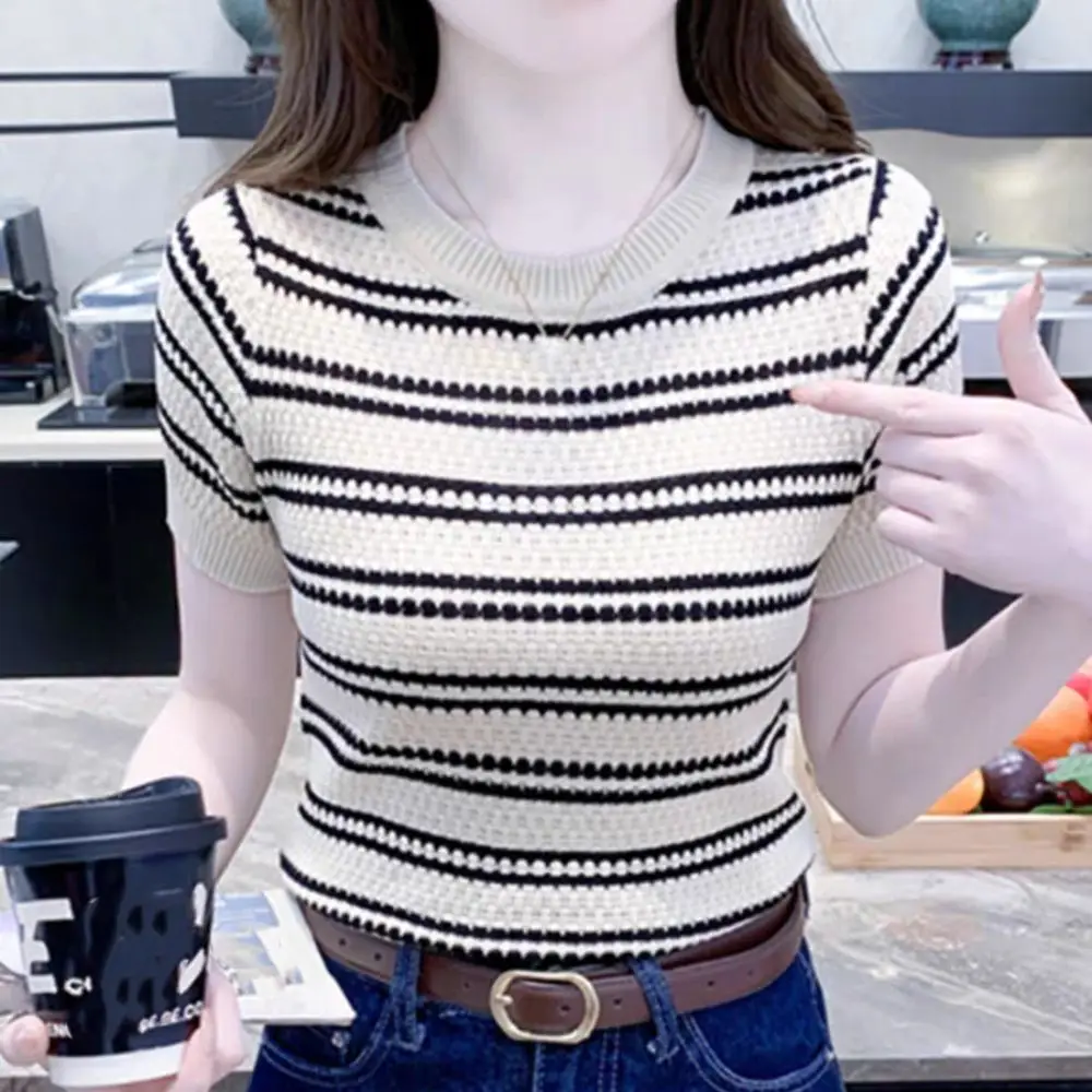 Description Picture 4 of itemAll-match Ins Short Sleeve Crop Top Slim Fit Female Clothing Stripe Knitted T-shirt Sweet Bottoming Shirt Knitwear Women Female