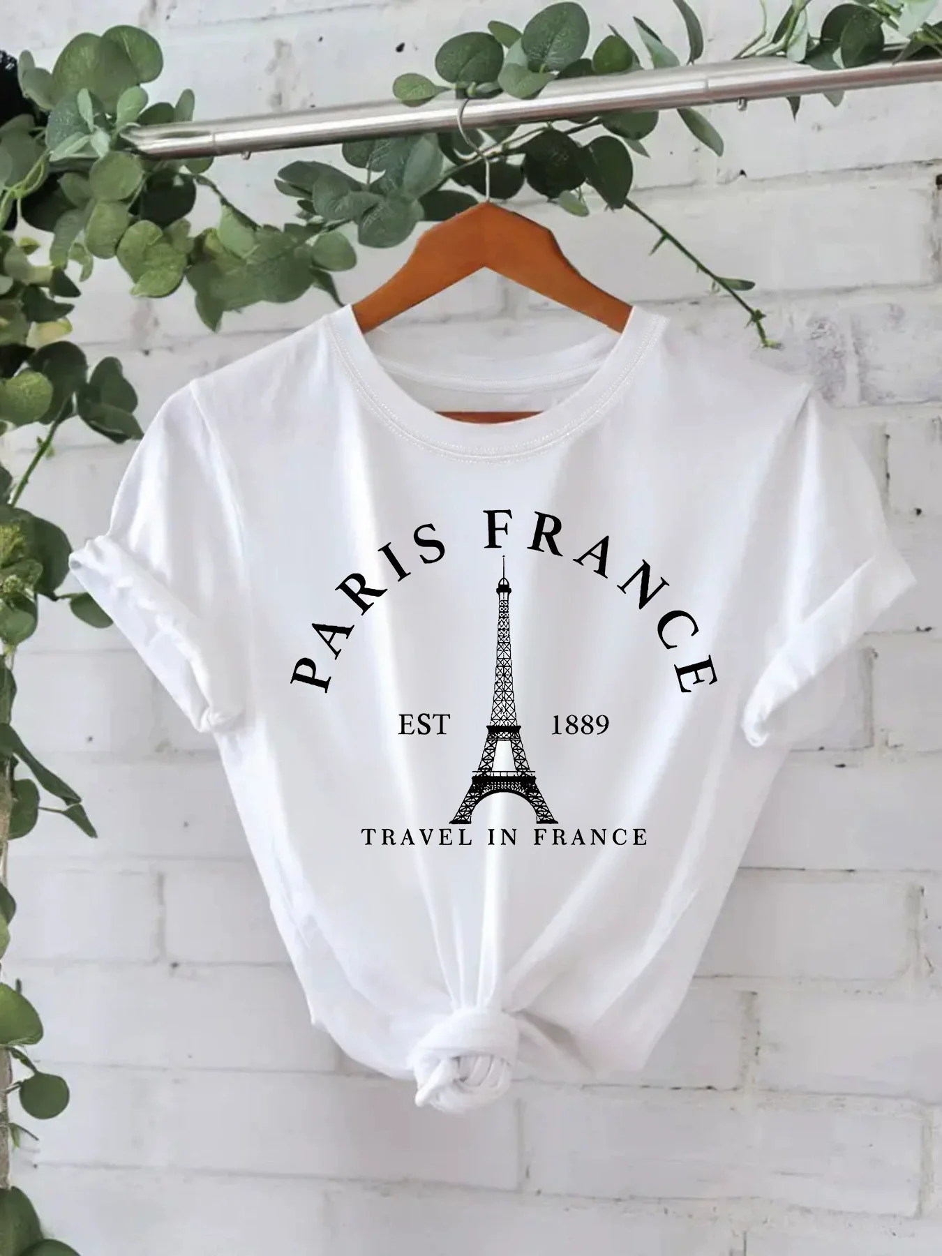 خمر أنيقة س الرقبة قصيرة الأكمام تي شيرت برج باريس...