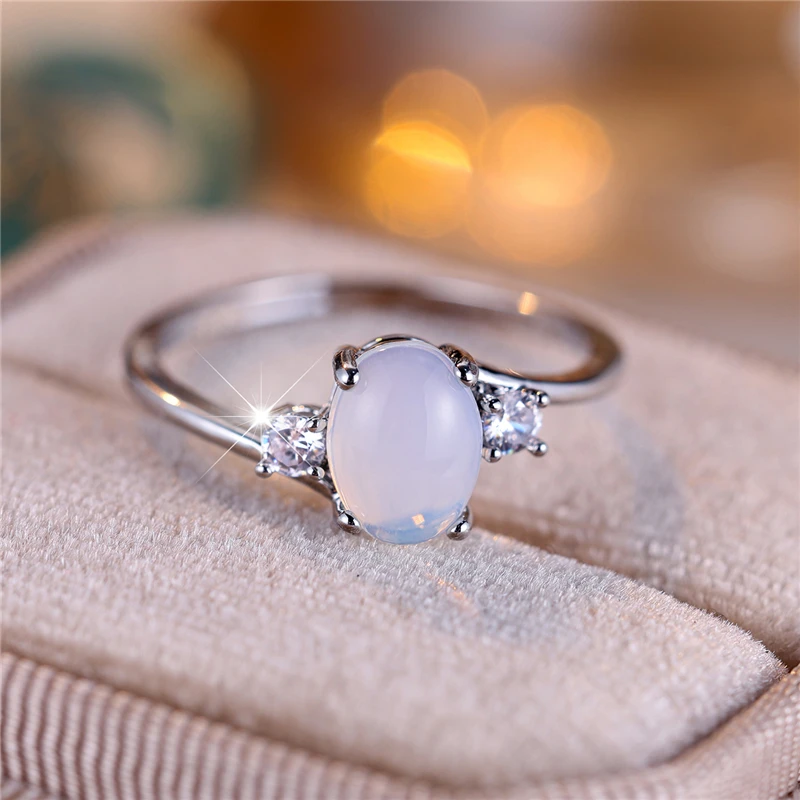 Boho Female Oval Opal Stone Engagement Ring Vintage Silver Color Summer Wedding Jewelry For Women