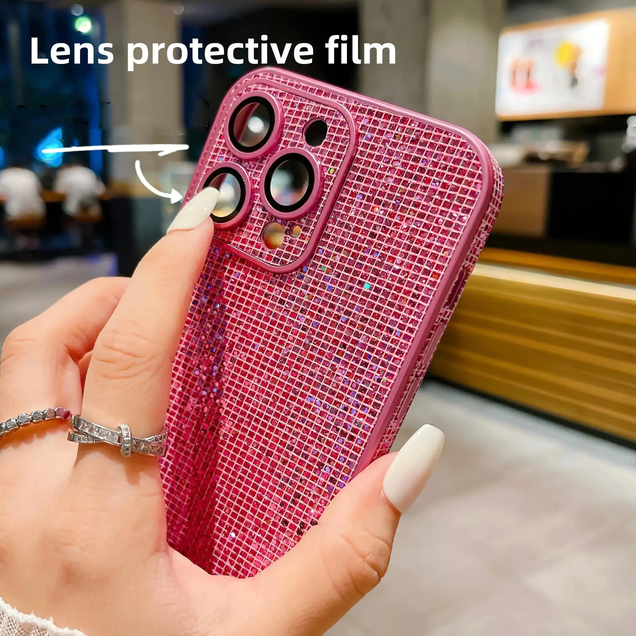 Luxury Hight End Black Bling Glitter Noble Case For iPhone 15 14 13 12 Pro Max 11 Lens Film Protection Soft TPU Shockproof Cover