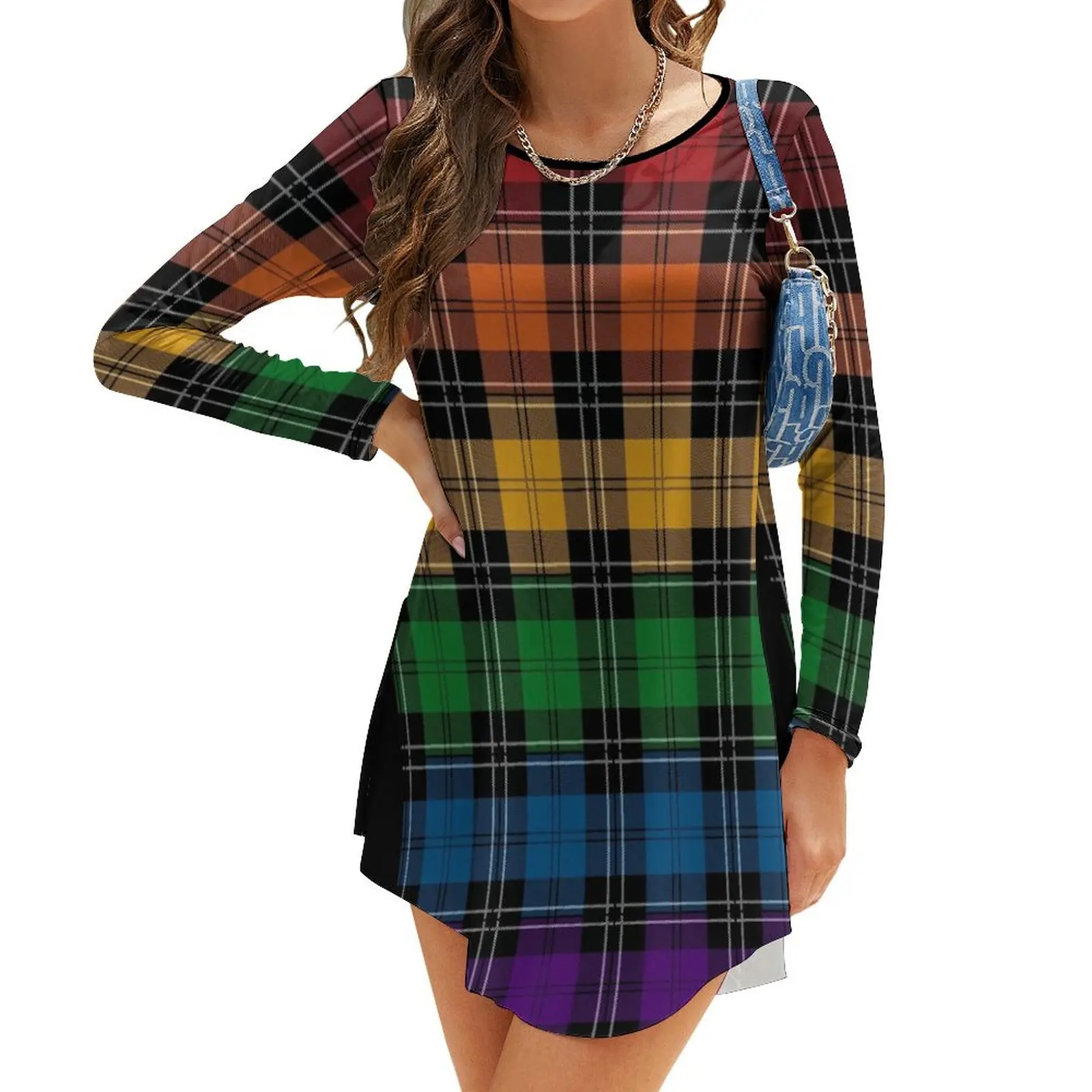 

Seamless Reapeating Plaid LGBTQ Pride Rainbow Flag Pattern Long-Sleeve Dress women dress