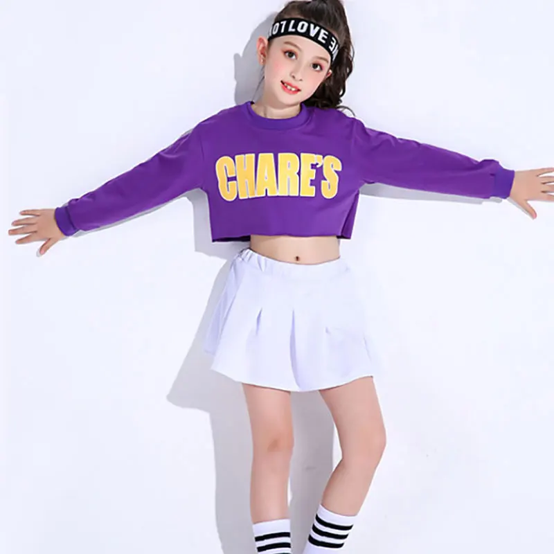 

Girl Modern Dance Costumes Kid Stage Dancing Hip Hop for Girls Ballroom Dance Child Cheerleader Dance Purple White Skirt Set