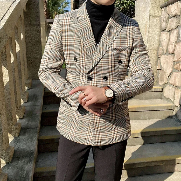 Description Picture 5 of itemAutumn New Men's Business Casual Coat Blazers Double-breasted Lattice /Korean Version Slim Suit Jackets Dress Tuxedo