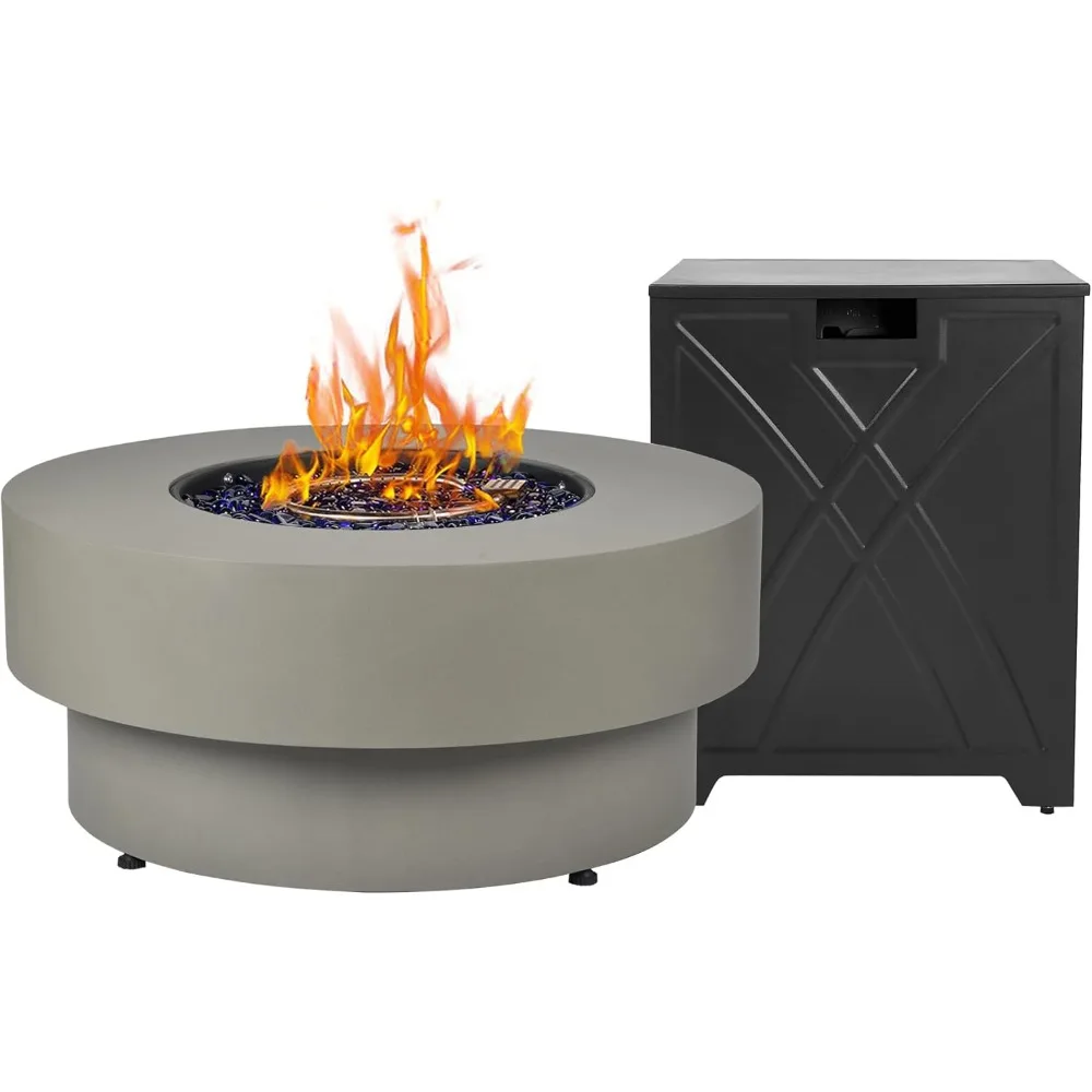32.5-inch Outdoor Gas Fire Pit , 20lb Propane Tank Cover Table, W/Round Burner Lid, Glass Rocks,50,000BTU Propane Gas Fire Pits