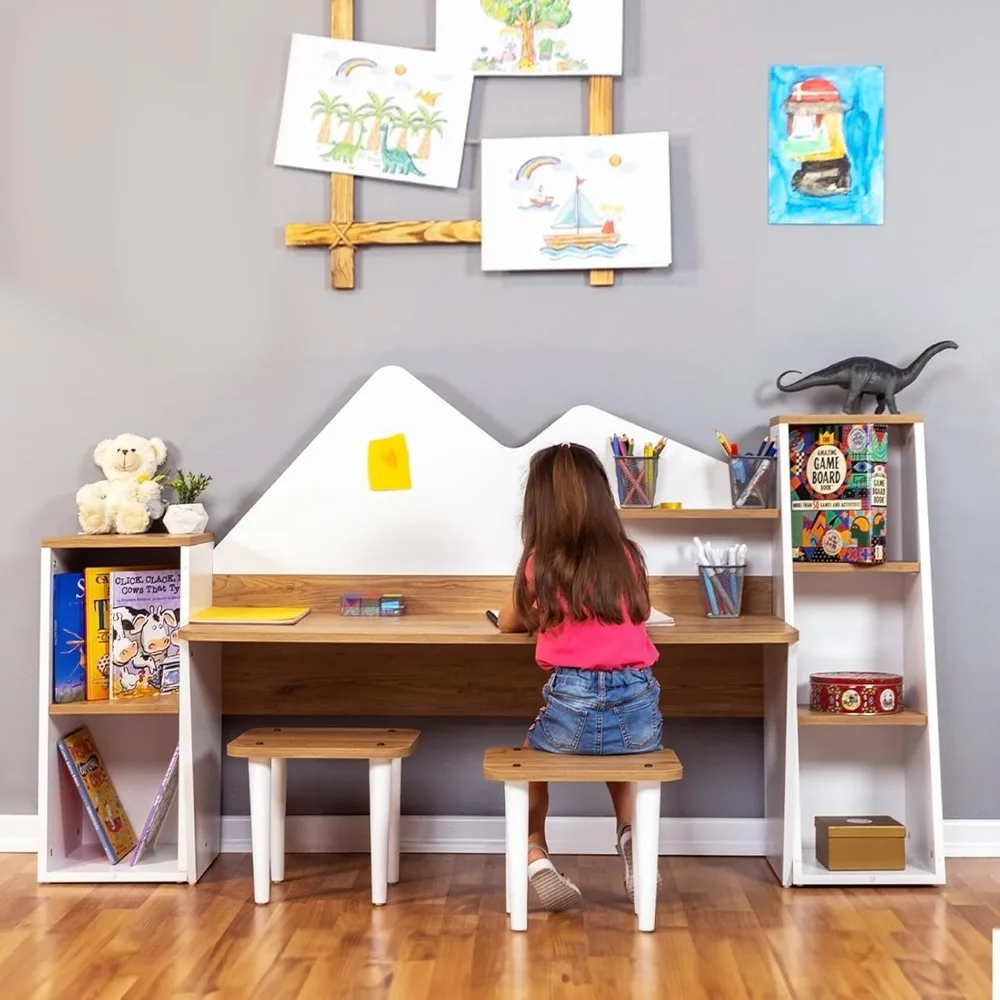 Kid's Study Desk with Bookshelf + Stools, Wooden Children Activity Table with Hutch and Shelves, Kids Bedroom Study Desk 4