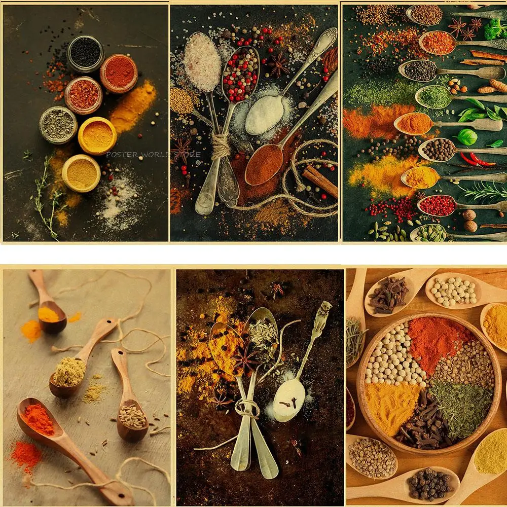

Grains Spices Spoon Peppers Kitchen Vintage Kraft Painting Posters and Prints Wall Art Food Picture Kitchen