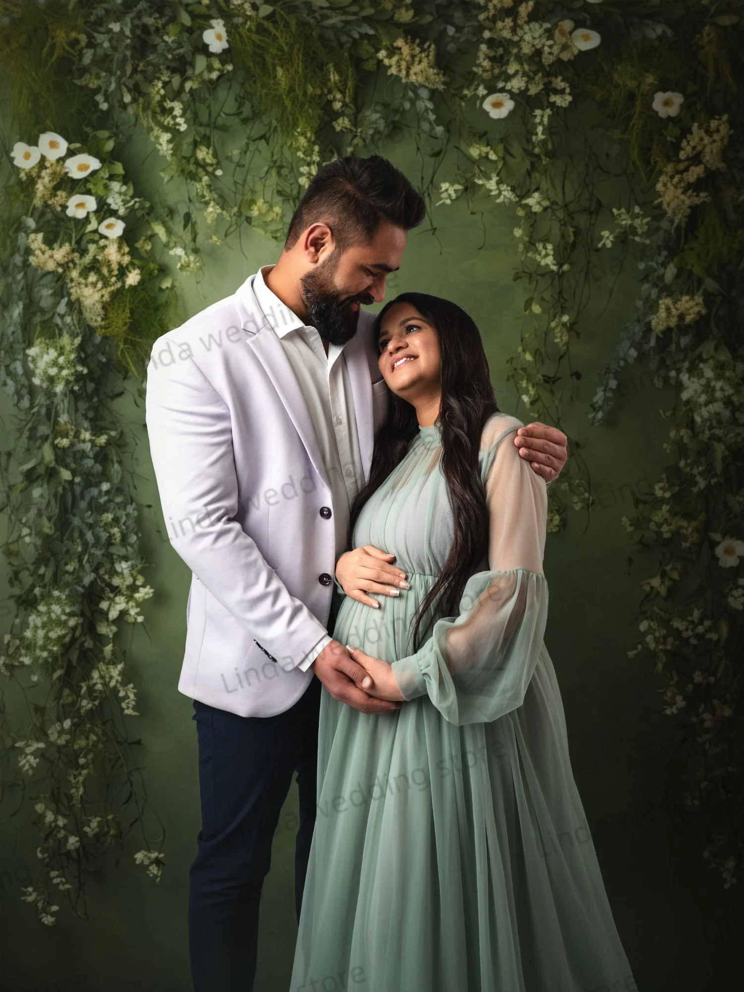 Mint Green Maternity Dresses for Photoshoot Modest Tulle Gala Dress Women High Neck Long Babyshower Pregnancy Dress