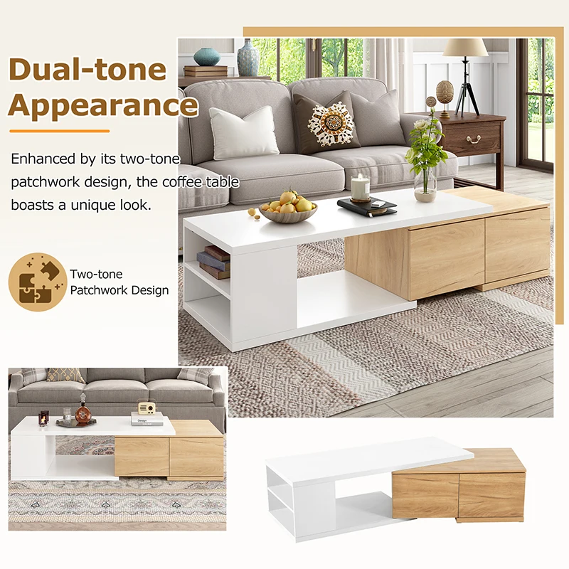 Extendable Coffee Table with 2 Storage Drawers,Center Table with Sliding Tabletop, Multi-functional Hidden Storage Sofa
