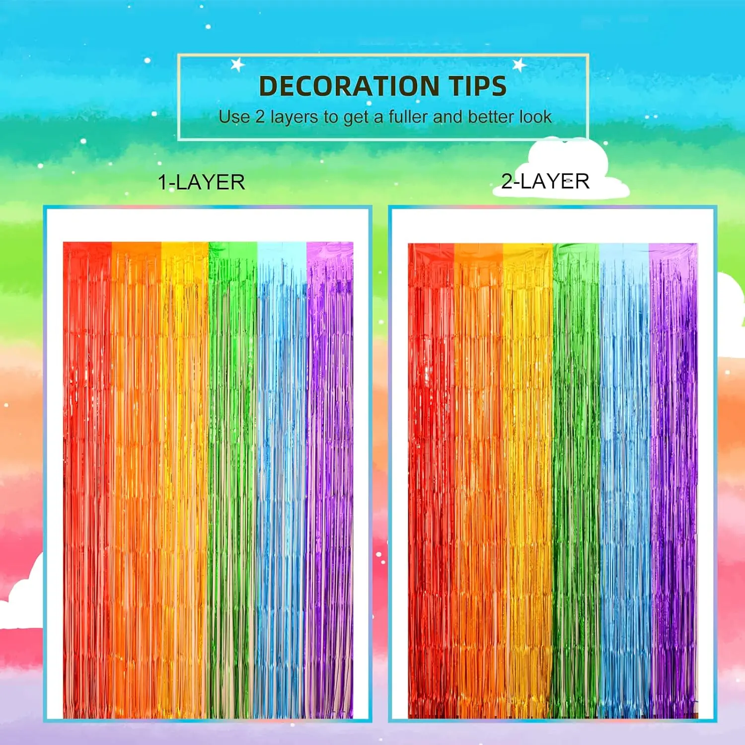 Rainbow Foil Fringe Curtains - Tinsel Metallic Streamers for Vibrant Party Decorations, Set of 2