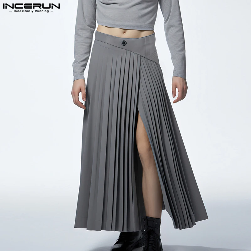 

INCERUN 2023 American Style Men Trousers Fashion Front Pleated Split Half Design Skirt Pants Casual Street Solid Pantalons S-2XL