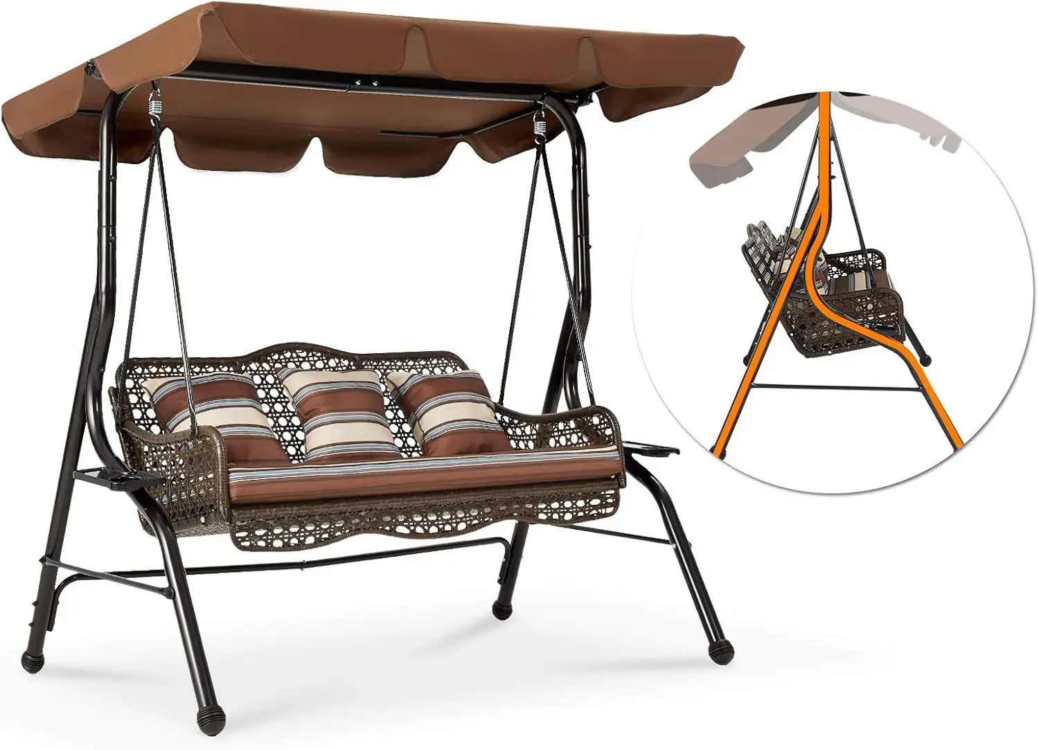 AECOJOY 3-Seat Proch Swing Chair Patio Canopy 2 Side Trays 3 Pillows Removable Cushion Wicker Stand Outdoor Balcony Deck Garden 6