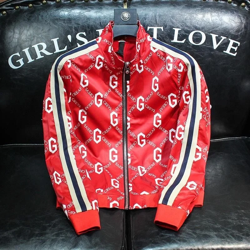 

Luxury brand Men's coat net Red tide Autumn new red printing European short stand collar jacket men