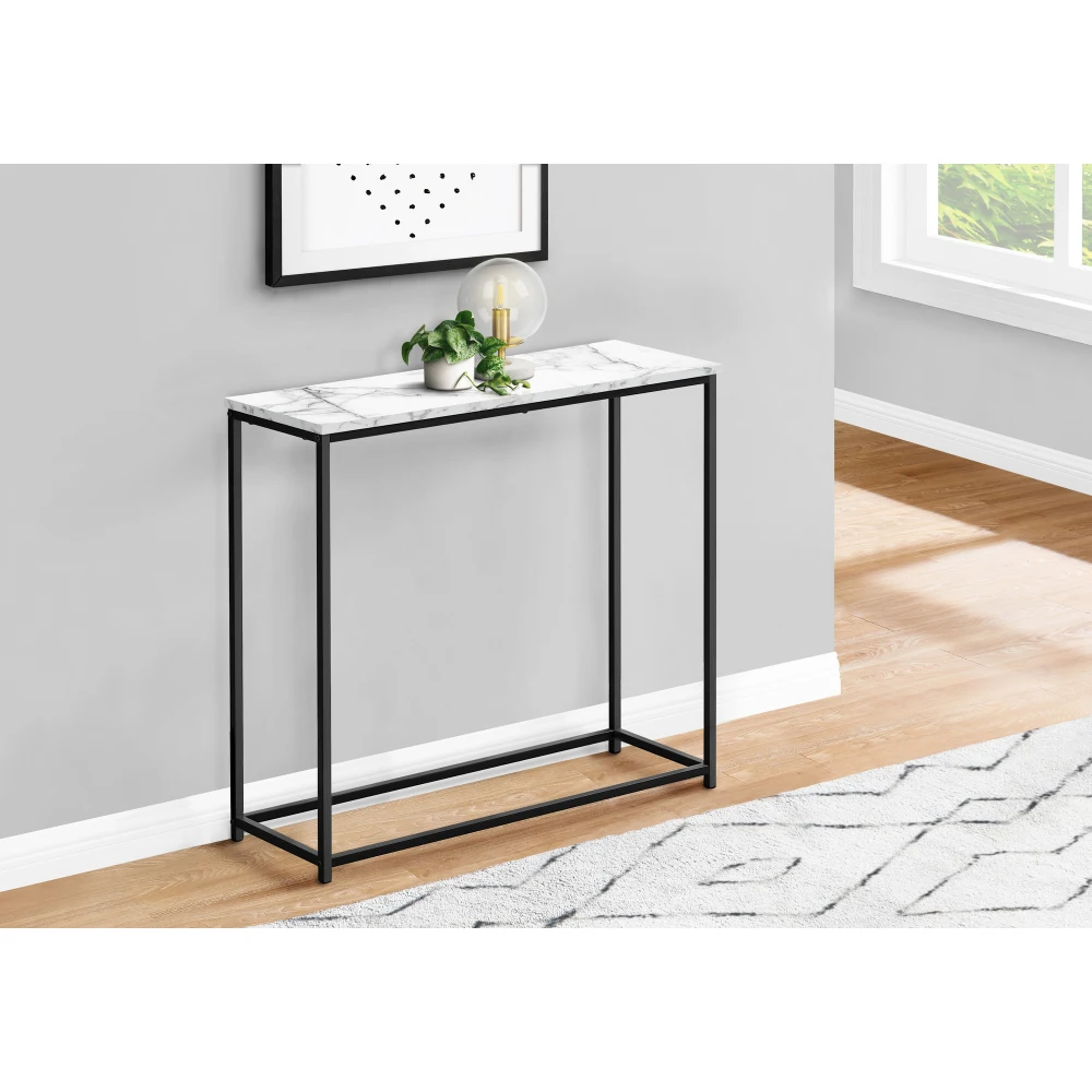 Modern Console Accent Table Entryway Narrow Sofa Living Room Bedroom White Marble Look Laminate Black Metal 2