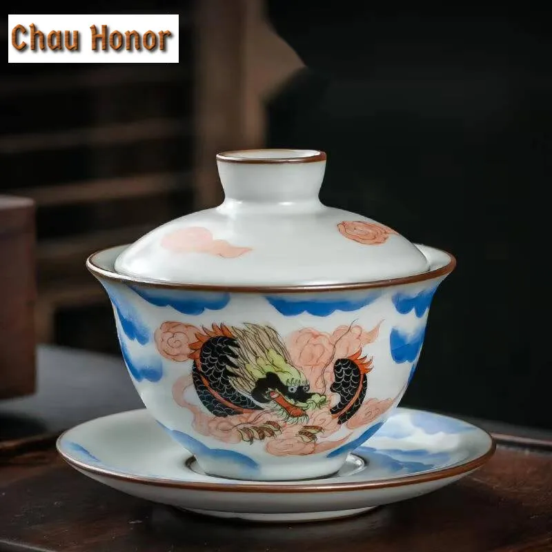 290ml Pure Handmade Ru Kiln  Gaiwan Handdrawn Dargon Phoenix Tea Bowl Tea Tureen Tea Maker Cover Bowl Teaset Supplies Collection