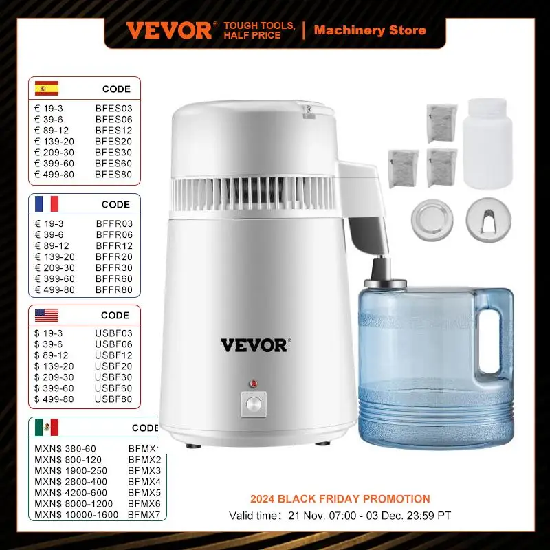 VEVOR 4L Water Distiller Purifier Filter Dispenser Heating Drinking Bottle Softener 304 Stainless Steel Home Appliance for Offic