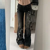 Floral Embroidery Jeans Vintage 2000s Low Rise Flared Jeans Women Retro y2k Baggy Denim Pants High Street Basic Trousers 1