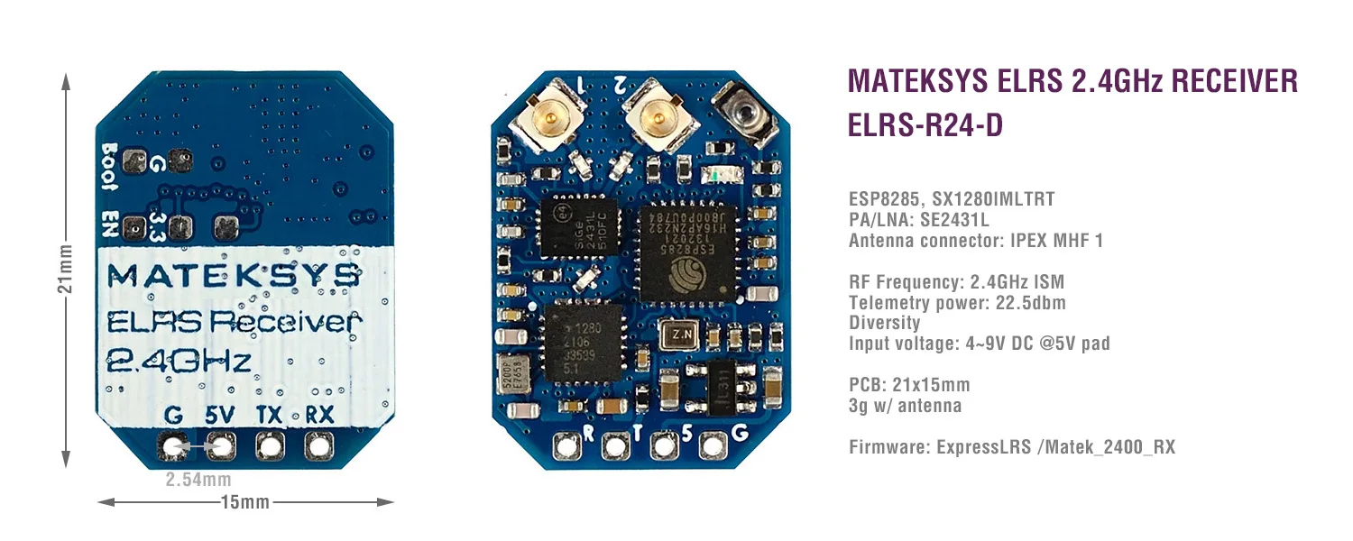 Récepteur ELRS 2.4GHz R24-D avec PA/LNA SE2431L, diversité antennes