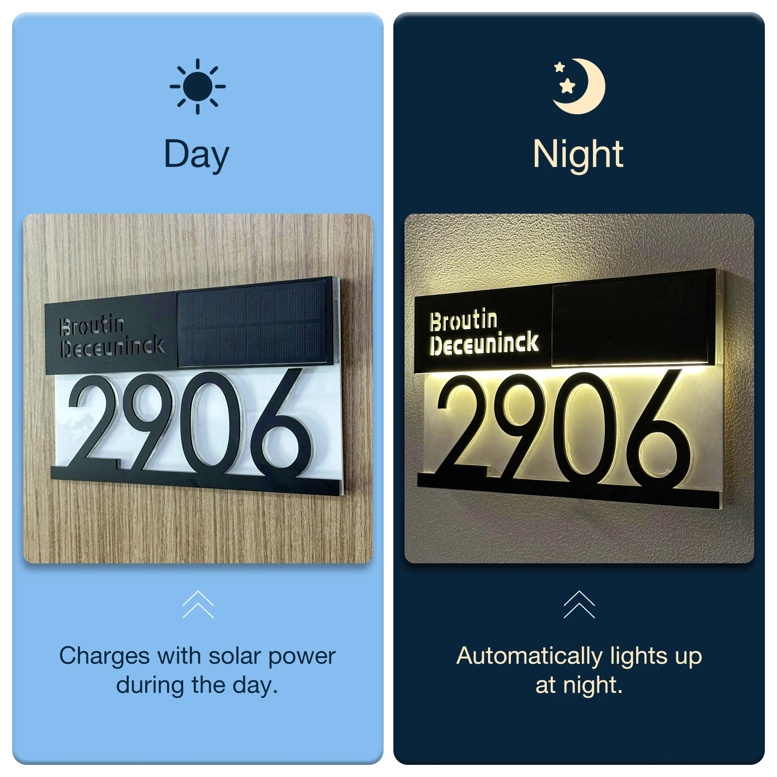 Customized Modern Solar House Sign LED Light House Number Outdoor 3D Laser Cut Acrylic Door Sign Decor Exterior Address house number signs,door signs,3d acrylic wall signs